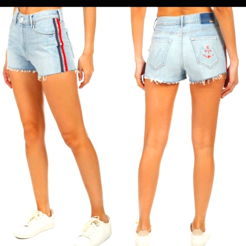 Mother Superior the easy does it - Denim striped nautical frayed denim shorts